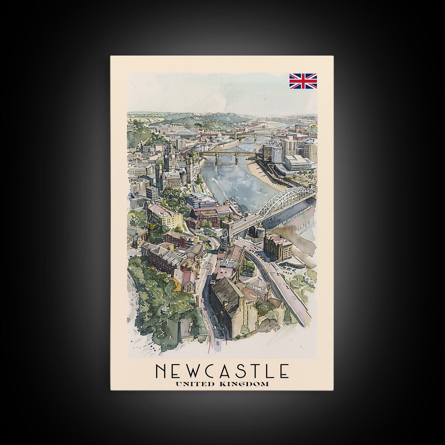 Newcastle United Kingdom Framed Canvas Print, Urban Travel Poster, Watercolor Painting, Cityscape Wall Art, Home Decor, Unique Art