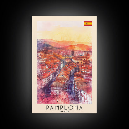Pamplona Spain Travel Poster Framed Canvas Print, Watercolor Painting, Urban Wall Art, Home Decor, Spanish Architecture, Classic Art
