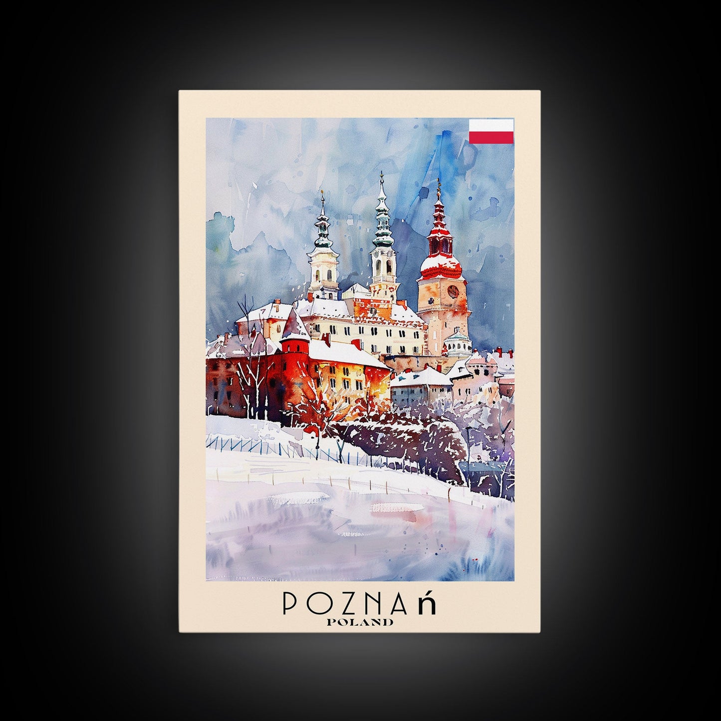 Poznan Poland Travel Poster Framed Canvas Print, Watercolor Painting, Scenic Wall Art, Home Decor, Polish Cityscape, Modern Art