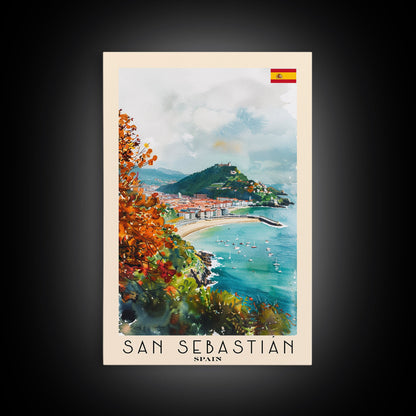 San Sebastian Spain Travel Poster Framed Canvas Print, Watercolor Painting, Coastal Wall Art, Home Decor, Spanish Seaside, Vibrant Art
