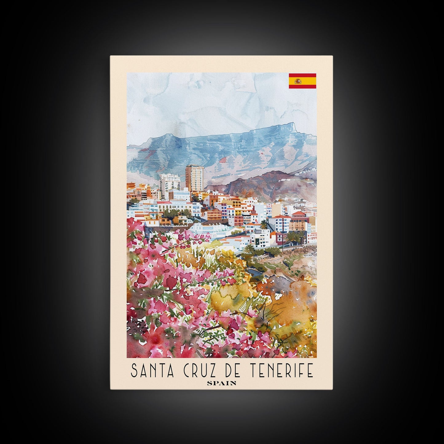 Santa Cruz de Tenerife Spain Travel Poster Framed Canvas Print, Watercolor Painting, Scenic Wall Art, Home Decor, Spanish Landscape, Modern Art