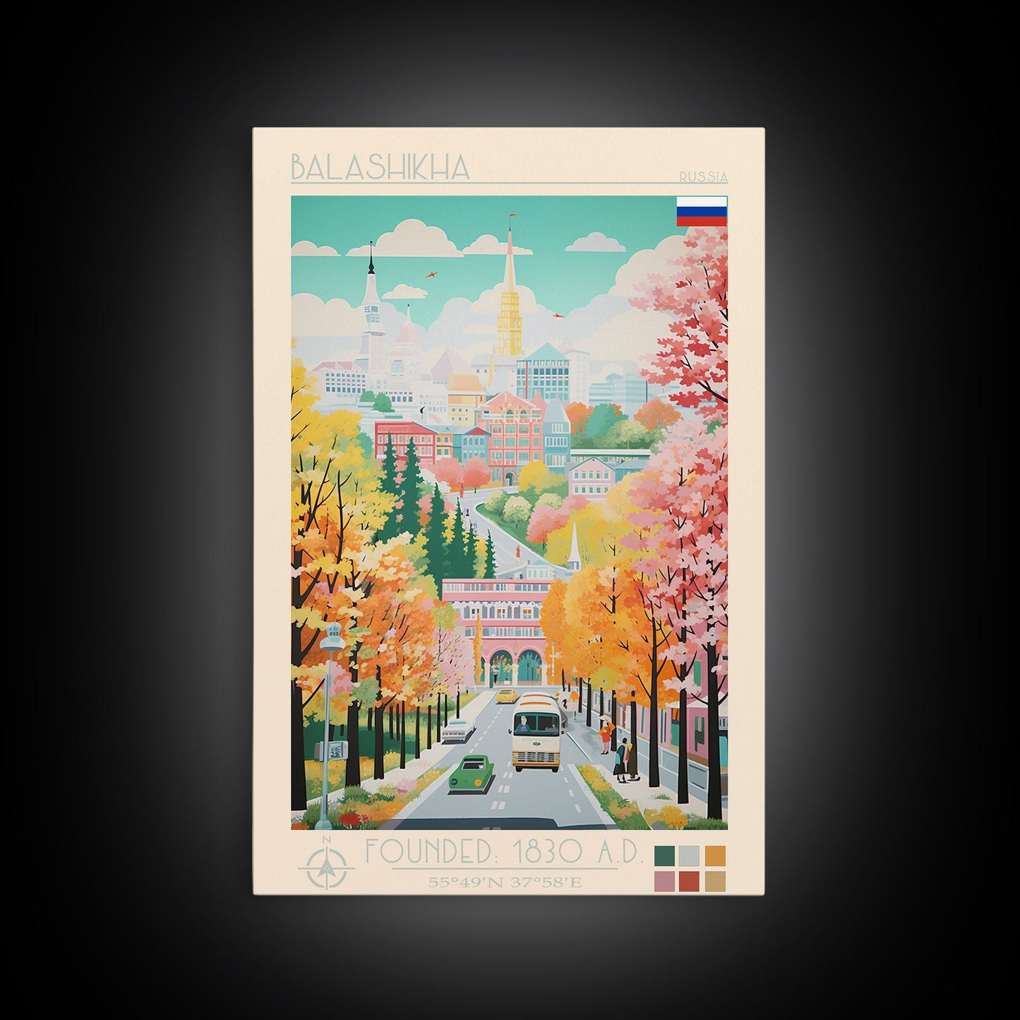 Balashikha Russia Travel Poster Framed Canvas Print, Midcentury Modern Art, Pop Art Wall Decor, Home Decor, Vacation Gift, Living Room Art