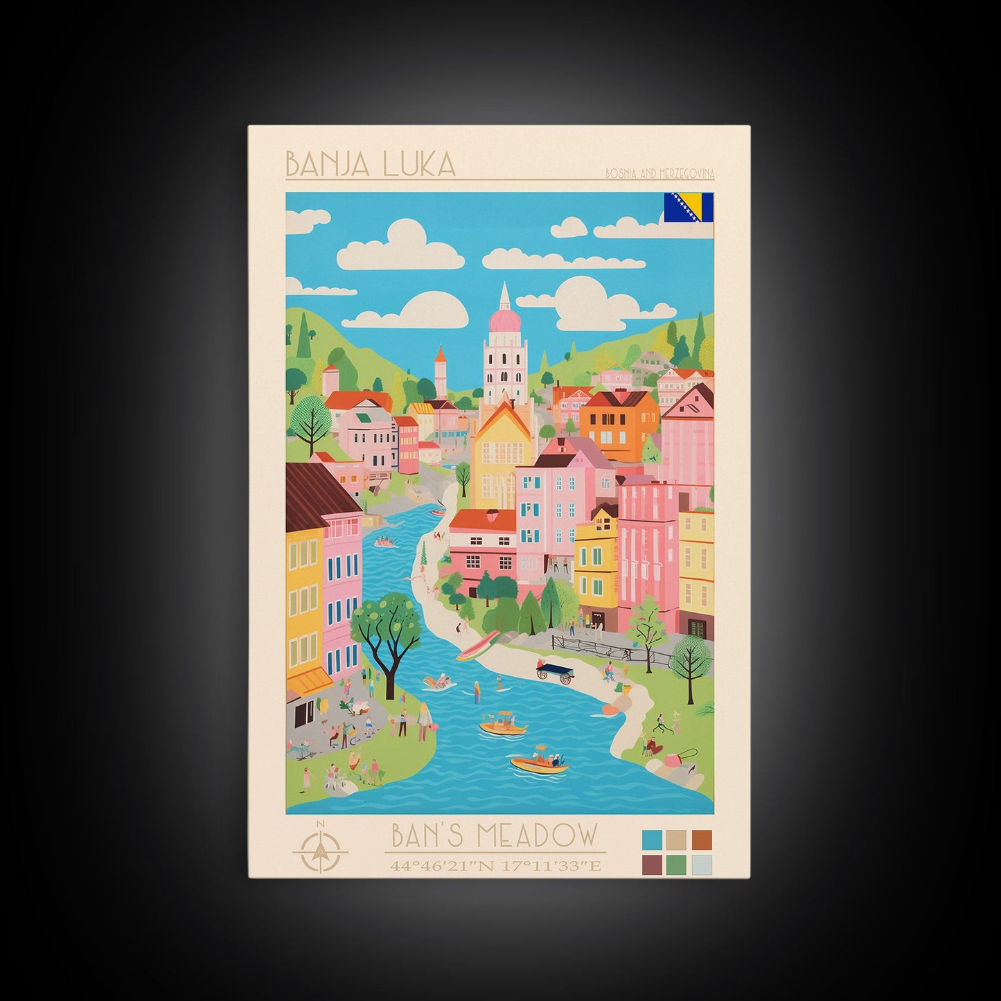 Banja Luka Bosnia Travel Poster Framed Canvas Print, Midcentury Modern Art, Pop Art Wall Decor, Home Decor, Vacation Gift, Living Room Art