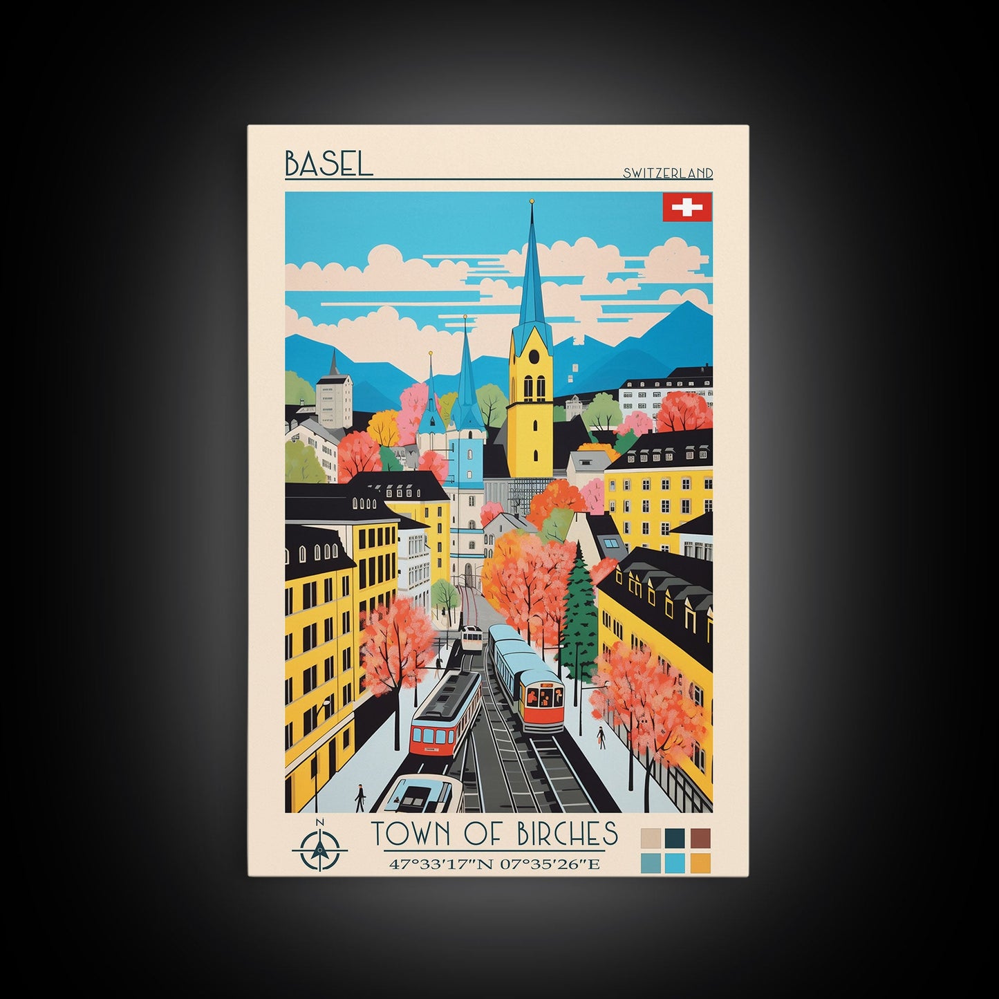 Basel Switzerland Travel Poster Framed Canvas Print, Midcentury Modern Art, Pop Art Wall Decor, Home Decor, Vacation Gift, Living Room Art
