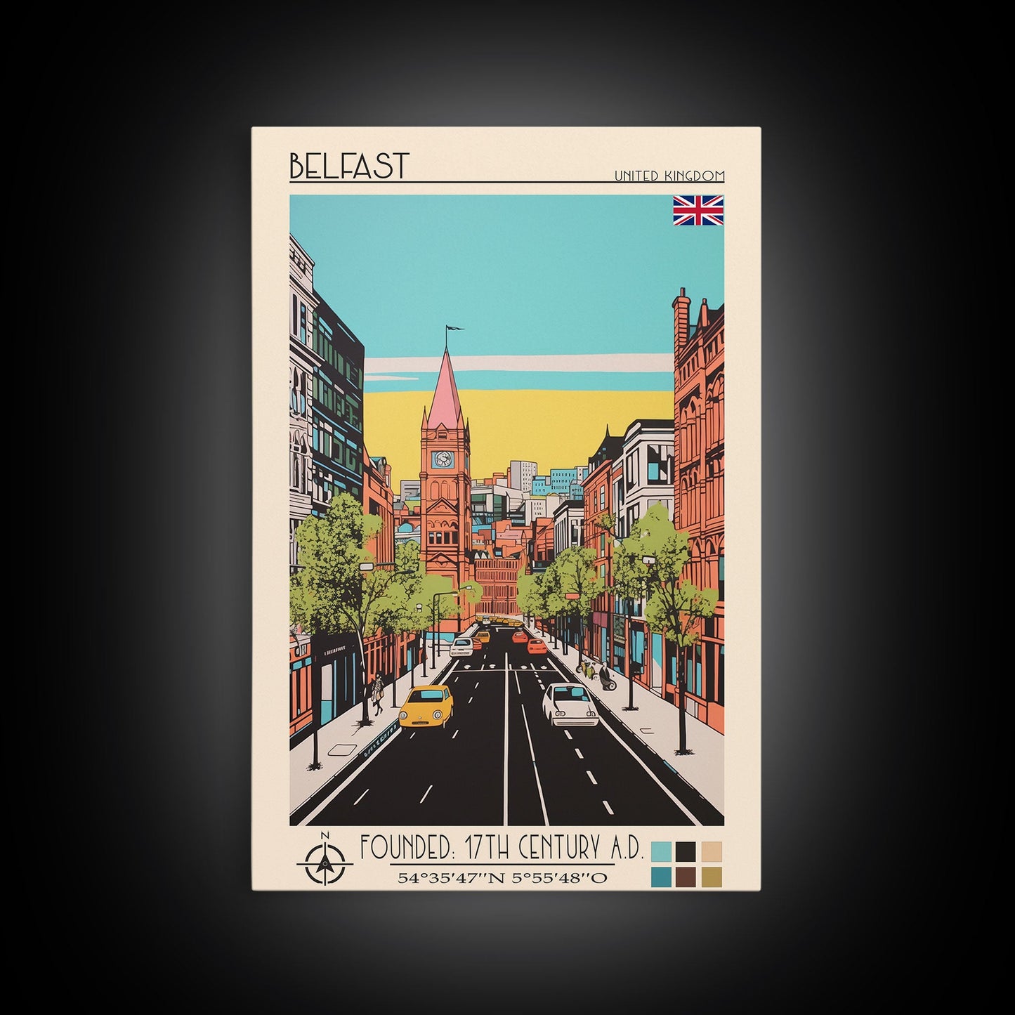 Belfast United Kingdom Travel Poster Framed Canvas Print, Midcentury Modern Art, Pop Art Wall Decor, Home Decor, Vacation Gift, Living Room Art