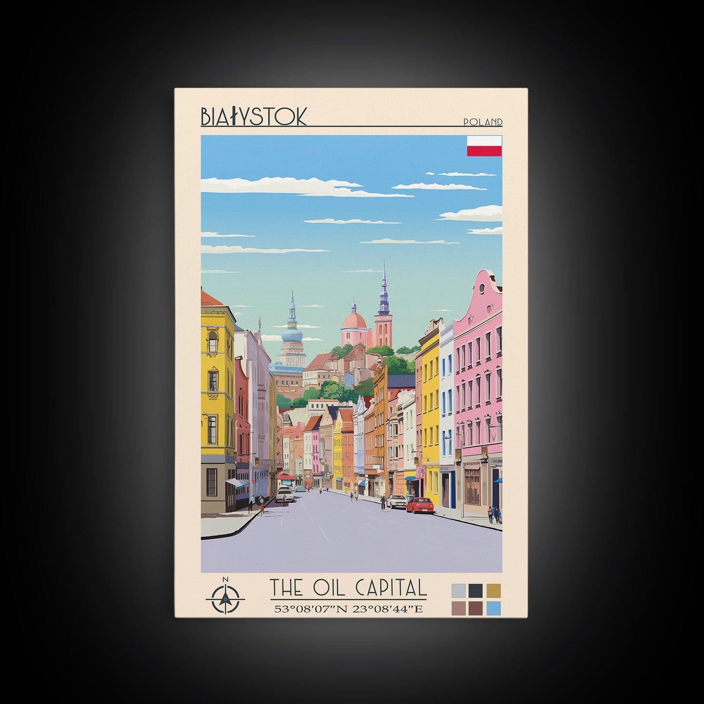 Białystok Poland Travel Poster Framed Canvas Print, Midcentury Modern Art, Pop Art Wall Decor, Home Decor, Vacation Gift, Living Room Art