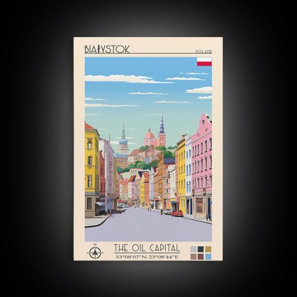 Białystok Poland Travel Poster Framed Canvas Print, Midcentury Modern Art, Pop Art Wall Decor, Home Decor, Vacation Gift, Living Room Art