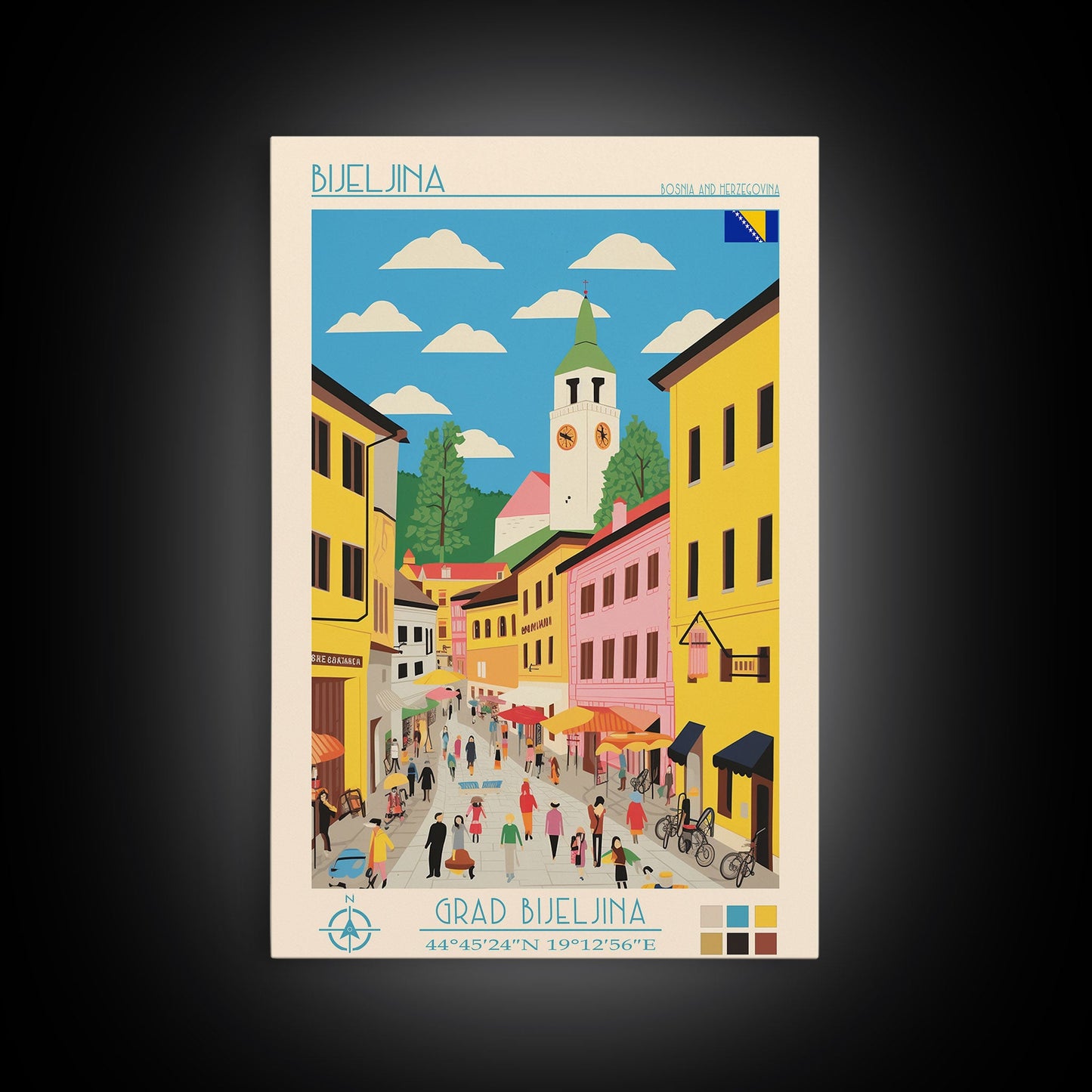 Bijeljina Bosnia Travel Poster Framed Canvas Print, Midcentury Modern Art, Pop Art Wall Decor, Home Decor, Living Room Art, Unique Gift