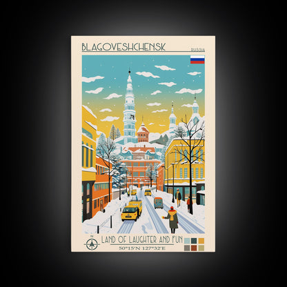 Blagoveshchensk Russia Travel Poster Framed Canvas Print, Midcentury Modern Art, Pop Art Home Decor, Scenic Wall Art, Unique Gift