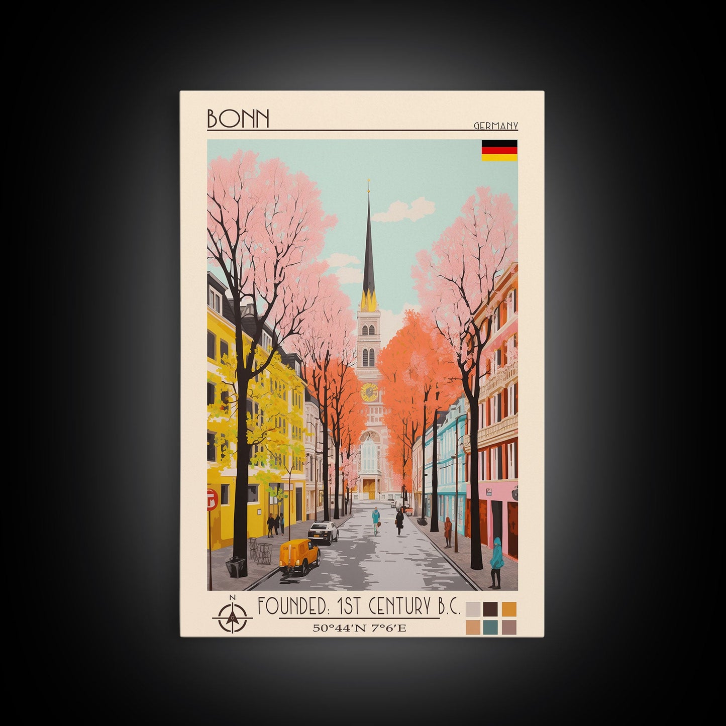 Bonn Germany Travel Poster Framed Canvas Print, Midcentury Modern Art, Pop Art Wall Decor, Home Decor, Living Room Art, Cultural Gift