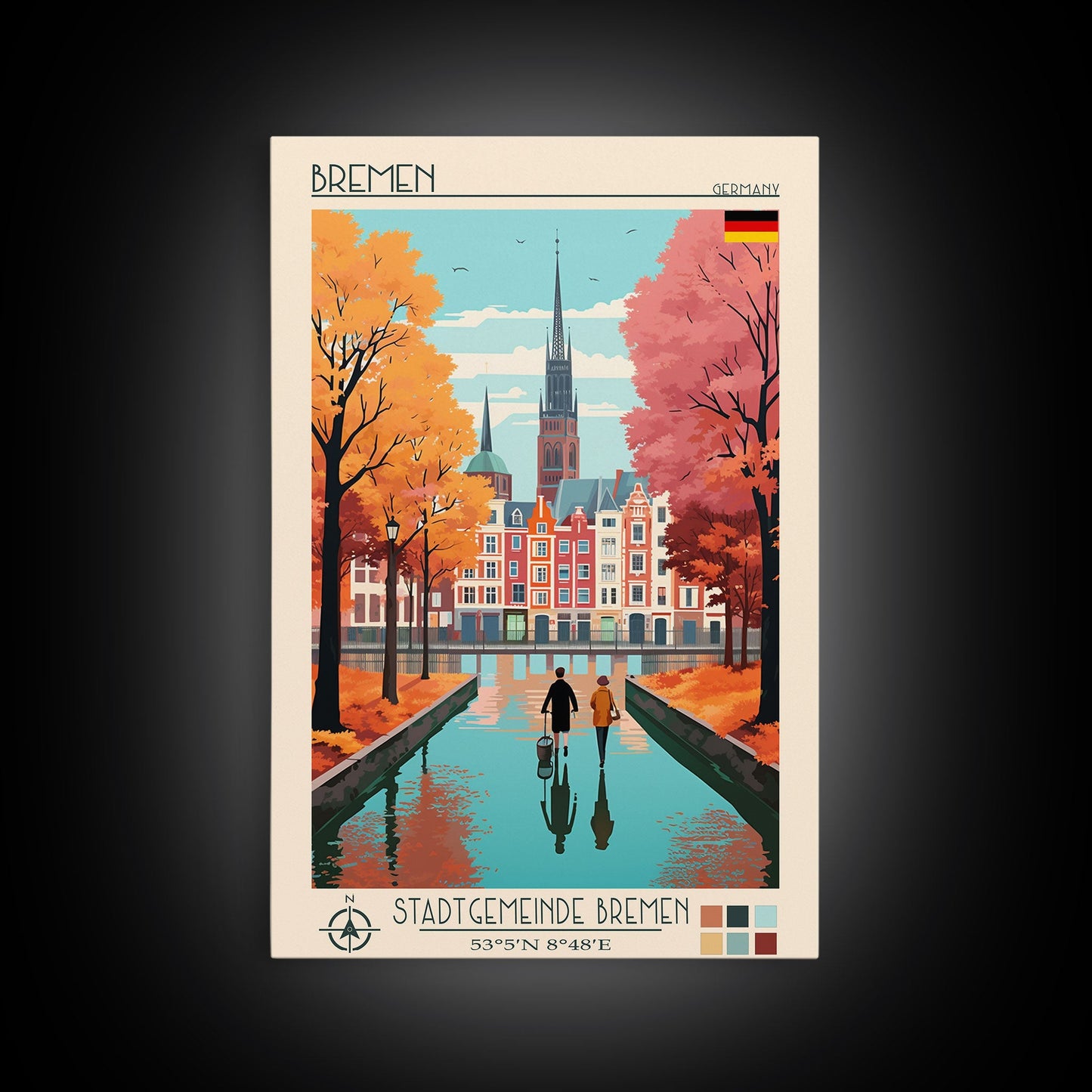 Bremen Germany Travel Poster Framed Canvas Print, Midcentury Modern Art, Pop Art Wall Decor, Home Decor, Vacation Gift, Living Room Art