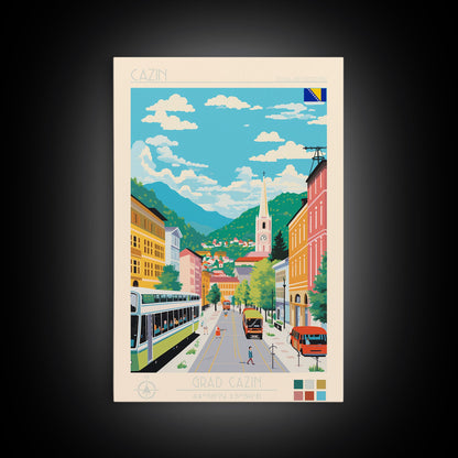 Cazin Bosnia and Herzegovina Travel Poster Framed Canvas Print, Midcentury Modern Art, Pop Art Wall Decor, Home Decor, Living Room Art