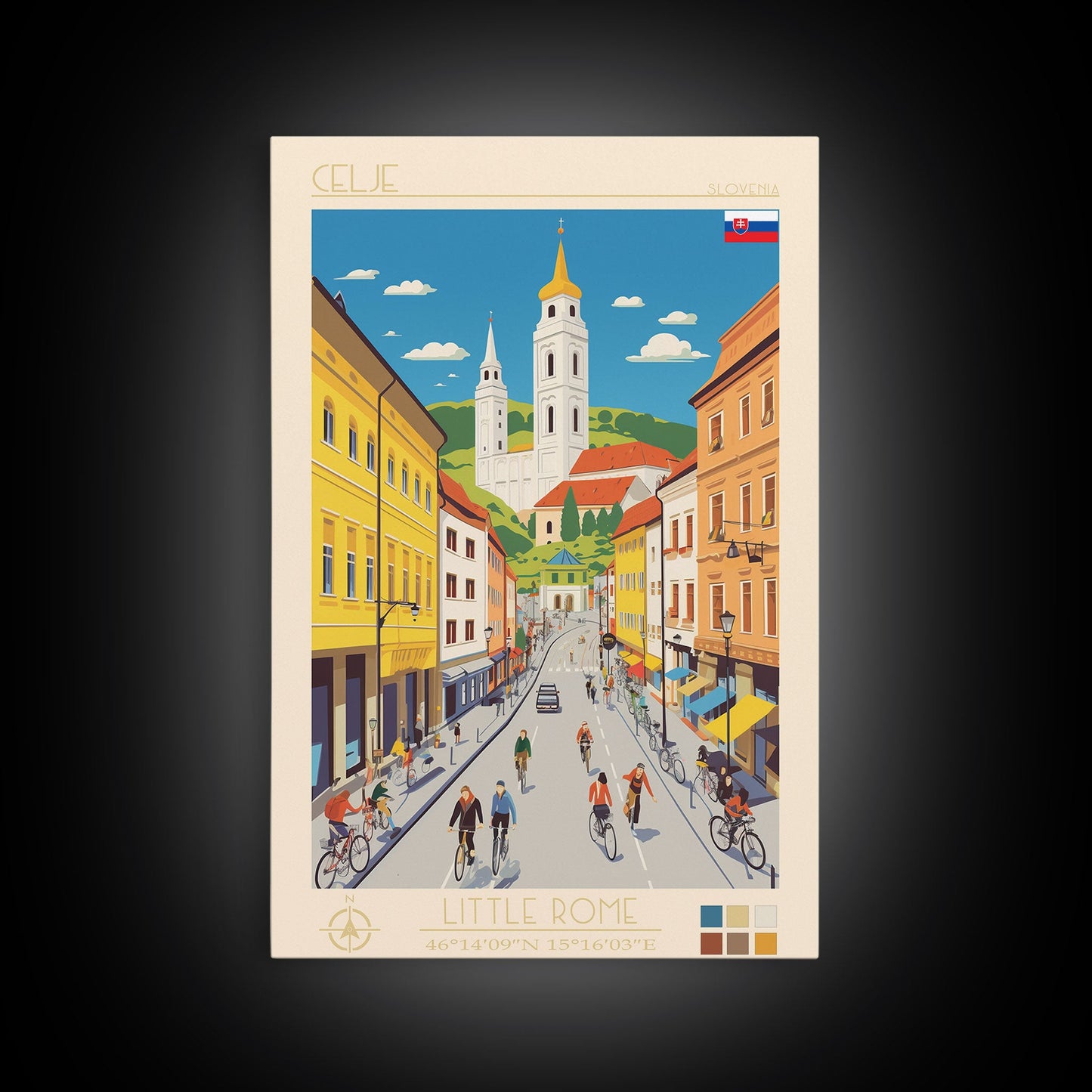 Celje Slovenia Travel Poster Framed Canvas Print, Midcentury Modern Art, Pop Art Wall Decor, Scenic Wall Art, Living Room Art