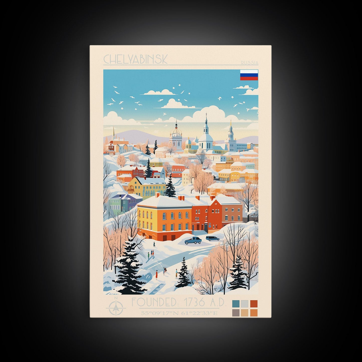 Chelyabinsk Russia Travel Poster Framed Canvas Print, Midcentury Modern Art, Pop Art Wall Decor, Home Decor, Vacation Gift, Living Room Art