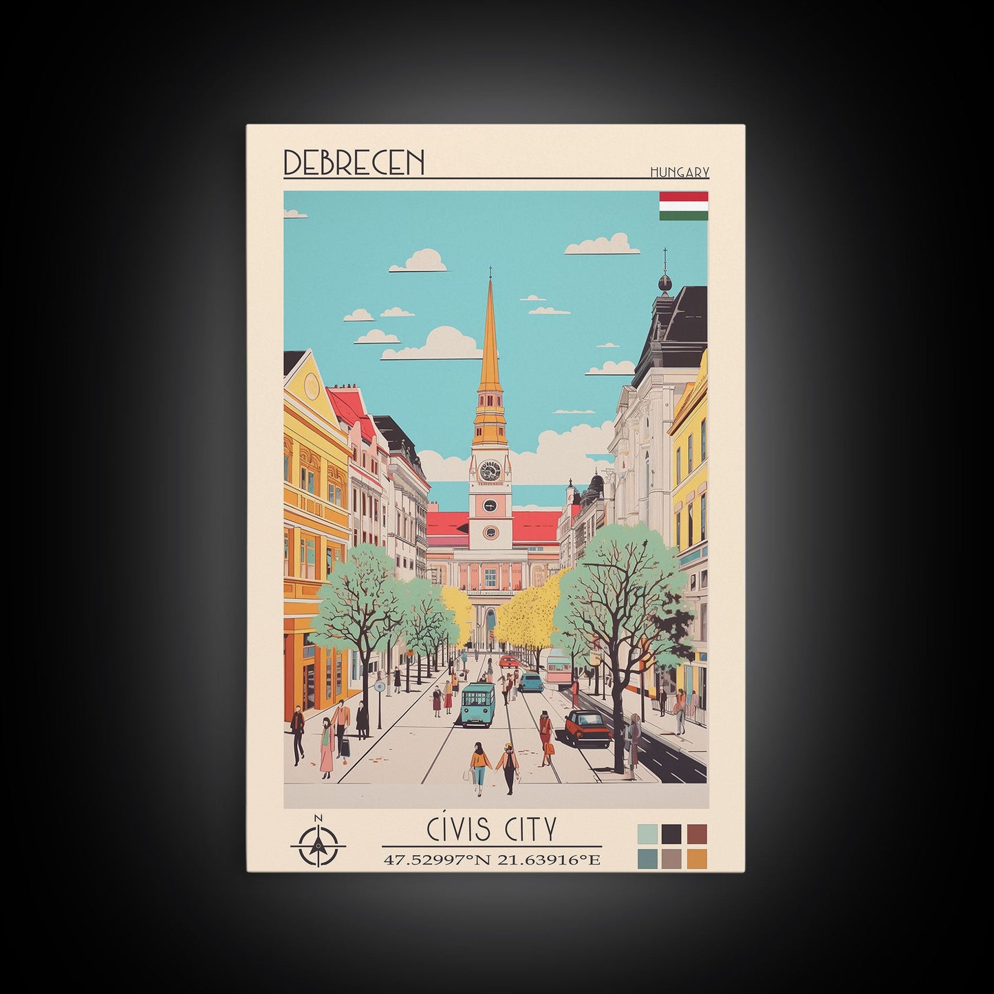 Debrecen Hungary Travel Poster Framed Canvas Print, Midcentury Modern Art, Pop Art Wall Decor, Home Decor, Vacation Gift, Living Room Art