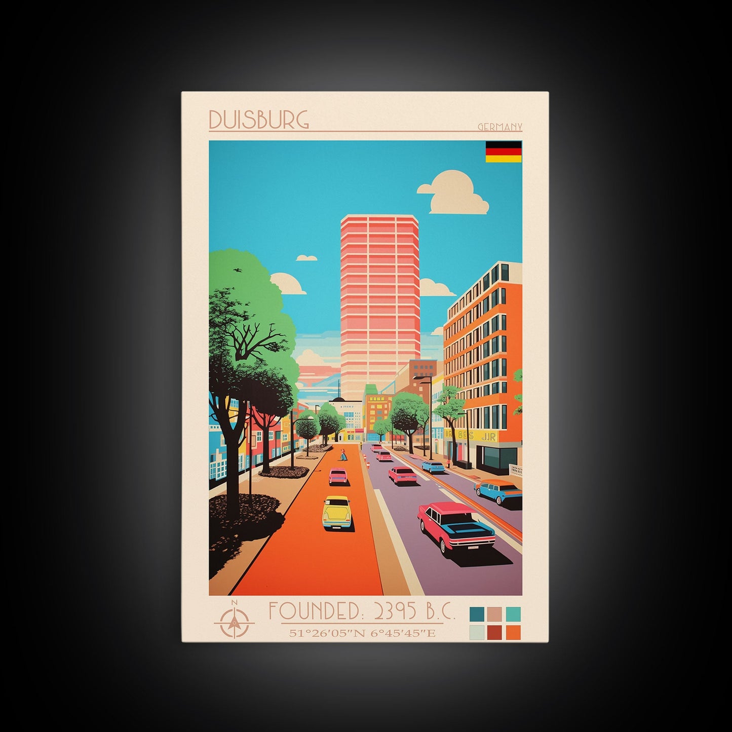 Duisburg Germany Travel Poster Framed Canvas Print, Midcentury Modern Art, Pop Art Wall Decor, Scenic Living Room Art, Bedroom Decor