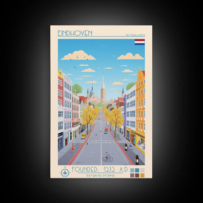 Eindhoven Netherlands Travel Poster Framed Canvas Print, Midcentury Modern Art, Pop Art Wall Decor, Scenic Living Room Art, Bedroom Gift