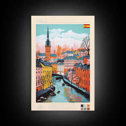 Gävle Sweden Travel Poster Framed Canvas Print, Midcentury Modern Art, Pop Art Wall Decor, Scenic Wall Art, Bedroom Decoration