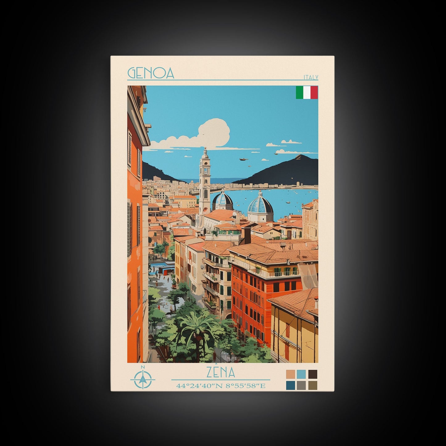 Genoa Italy Travel Poster Framed Canvas Print, Midcentury Modern Art, Pop Art Wall Decor, Scenic Wall Art, Living Room Decoration, Office Gift