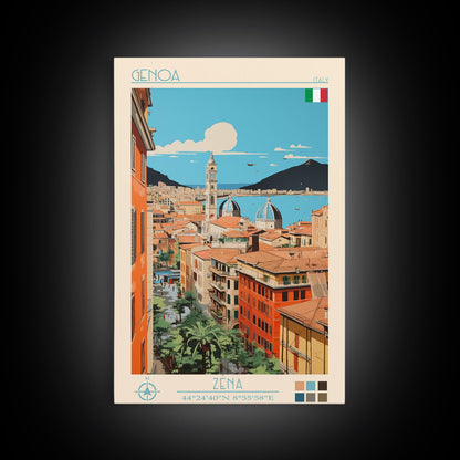 Genoa Italy Travel Poster Framed Canvas Print, Midcentury Modern Art, Pop Art Wall Decor, Scenic Wall Art, Living Room Decoration, Office Gift