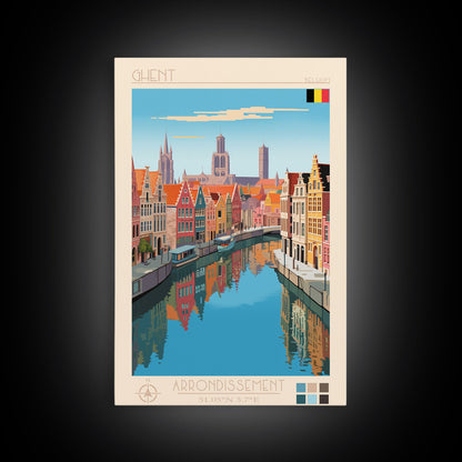 Ghent Belgium Travel Poster Framed Canvas Print, Midcentury Modern Art, Pop Art Wall Decor, Scenic Wall Art, Living Room Decoration, Office Art