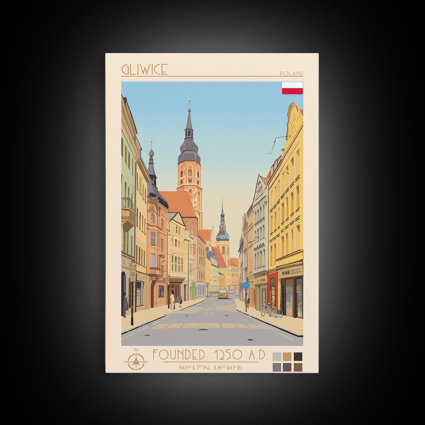 Gliwice Poland Travel Poster Framed Canvas Print, Midcentury Modern Art, Pop Art Wall Decor, Scenic Living Room Art, Bedroom Decor