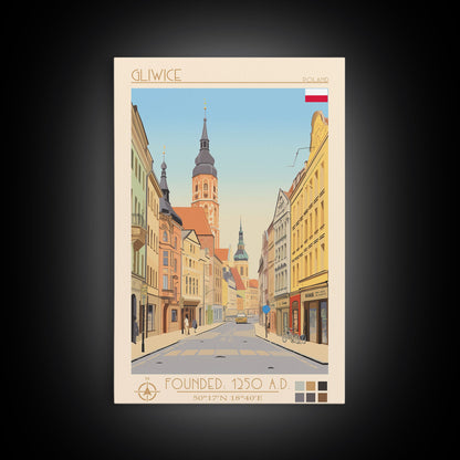 Gliwice Poland Travel Poster Framed Canvas Print, Midcentury Modern Art, Pop Art Wall Decor, Scenic Living Room Art, Bedroom Decor