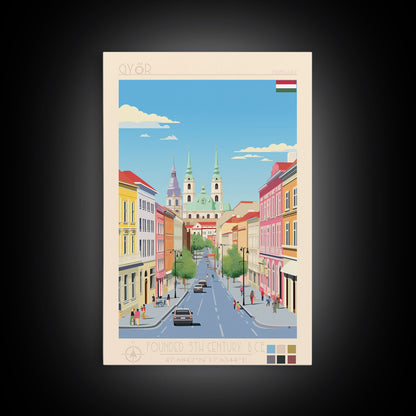 Győr Hungary Travel Poster Framed Canvas Print, Midcentury Modern Art, Pop Art Wall Decor, Scenic Wall Art, Living Room Decoration, Office Gift