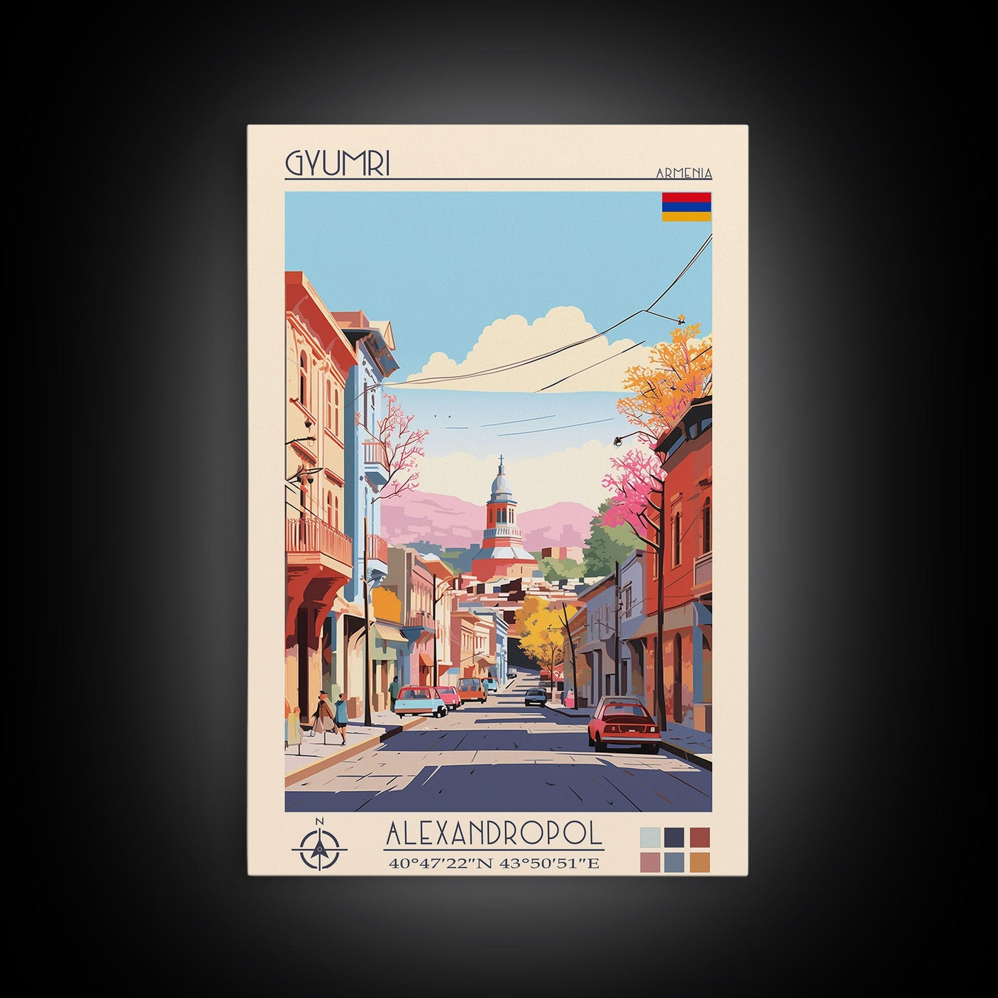 Gyumri Armenia Travel Poster Framed Canvas Print, Midcentury Modern Art, Pop Art Wall Decor, Home Decor, Vacation Gift, Bedroom Art