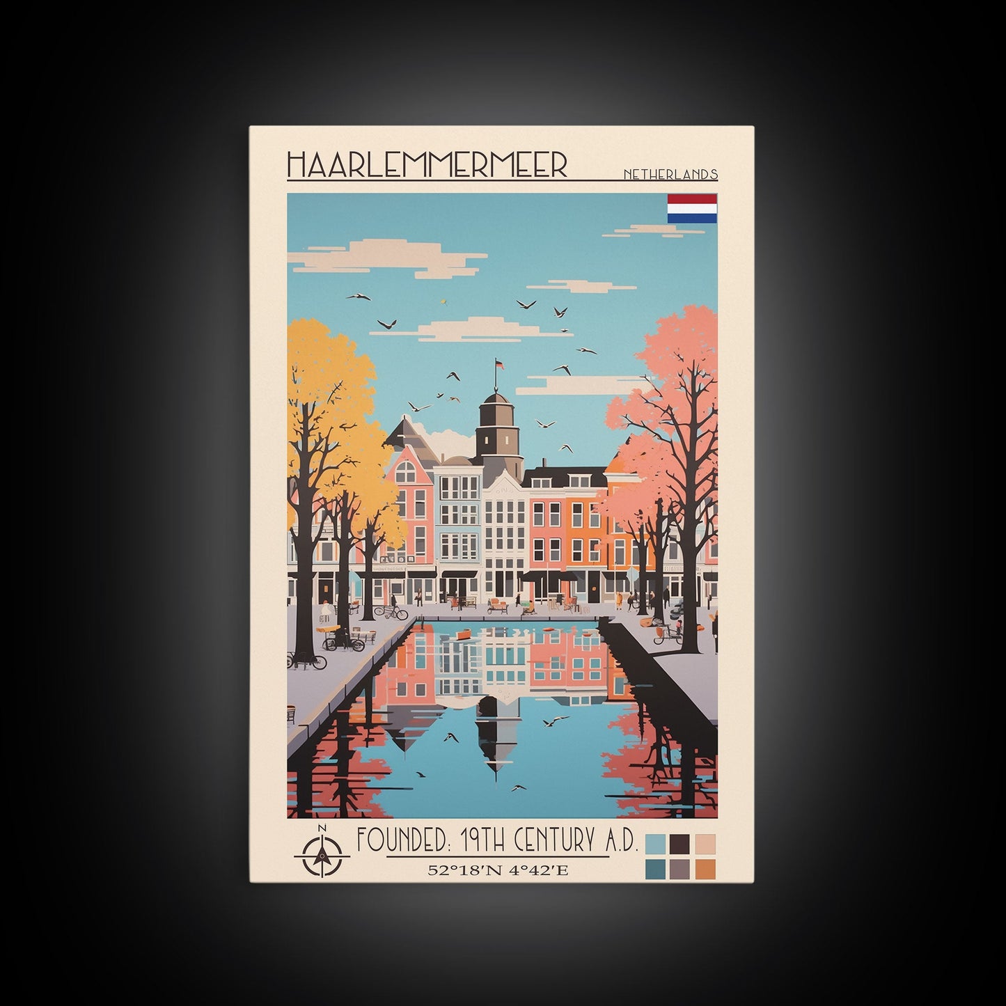 Haarlemmermeer Netherlands Travel Poster Framed Canvas Print, Midcentury Modern Art, Pop Art Wall Decor, Scenic Wall Art, Living Room Decoration, Office Art
