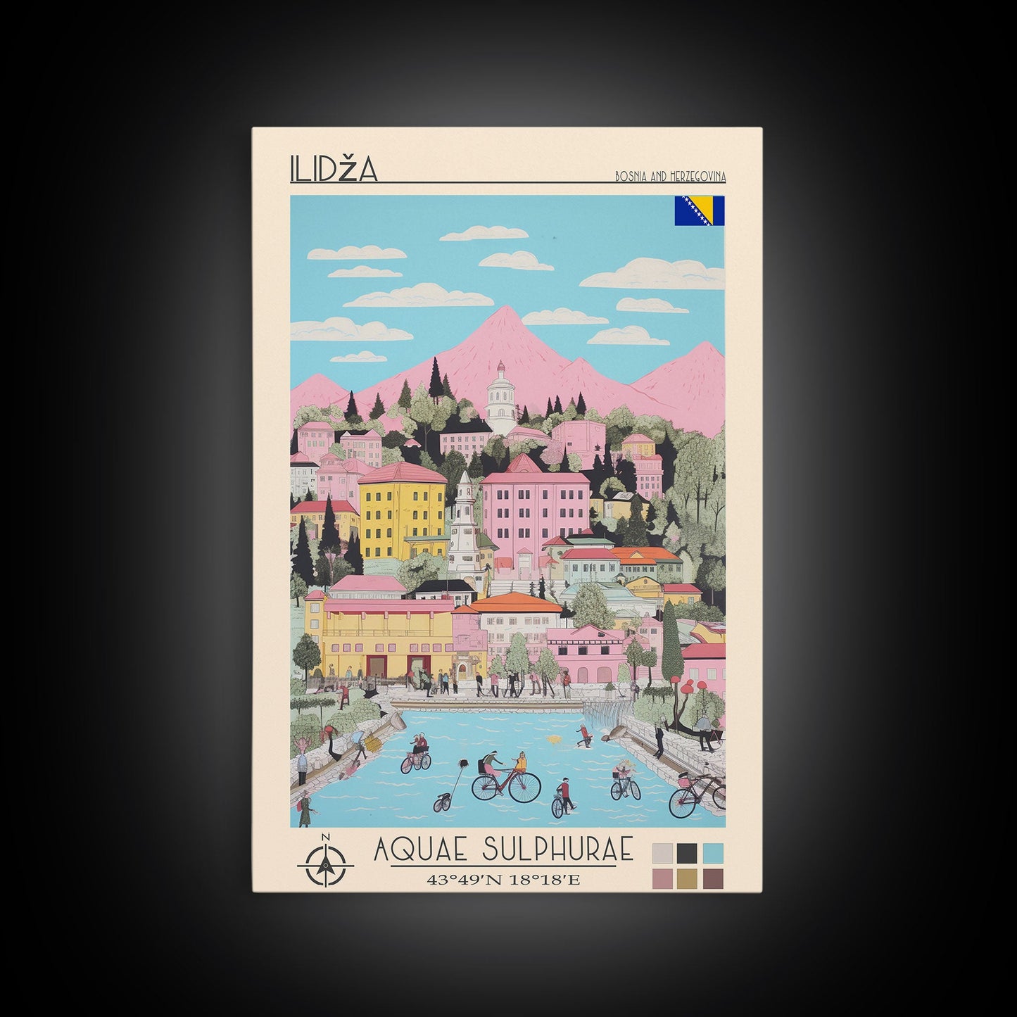 Ilidža Bosnia and Herzegovina Travel Poster Framed Canvas Print, Midcentury Modern Art, Pop Art Wall Decor, Scenic Wall Art, Bedroom Decoration