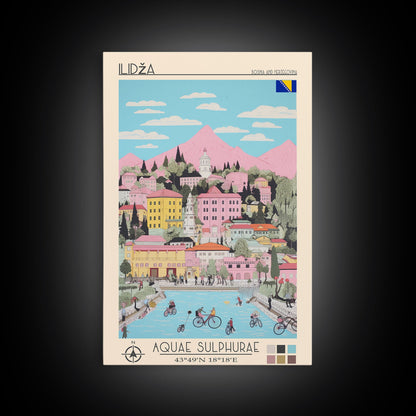 Ilidža Bosnia and Herzegovina Travel Poster Framed Canvas Print, Midcentury Modern Art, Pop Art Wall Decor, Scenic Wall Art, Bedroom Decoration