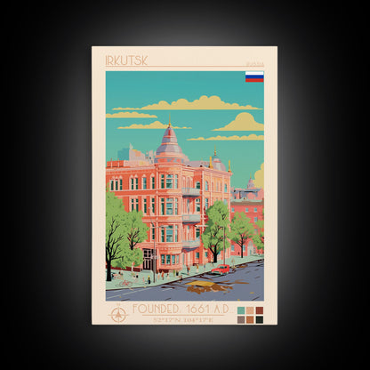 Irkutsk Russia Travel Poster Framed Canvas Print, Midcentury Modern Art, Pop Art Wall Decor, Scenic Bedroom Art, Office Decoration