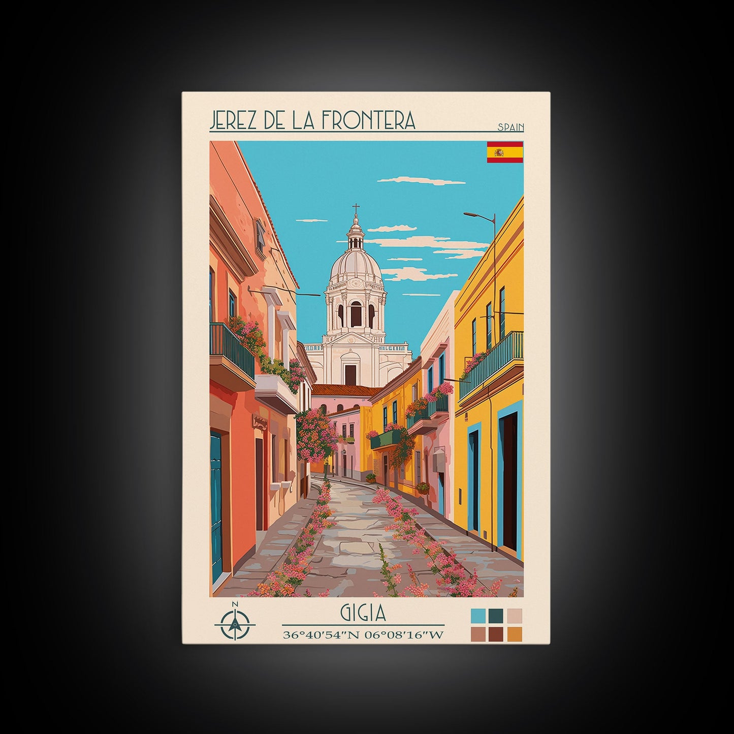 Jerez de la Frontera Spain Travel Poster Framed Canvas Print, Midcentury Modern Art, Pop Art Wall Decor, Scenic Bedroom Art, Office Decoration