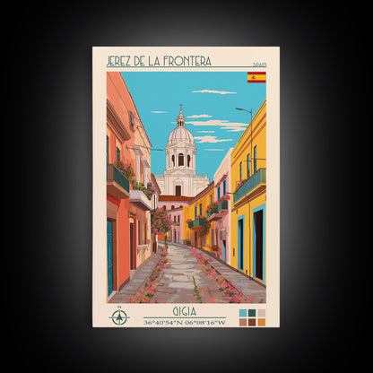 Jerez de la Frontera Spain Travel Poster Framed Canvas Print, Midcentury Modern Art, Pop Art Wall Decor, Scenic Bedroom Art, Office Decoration