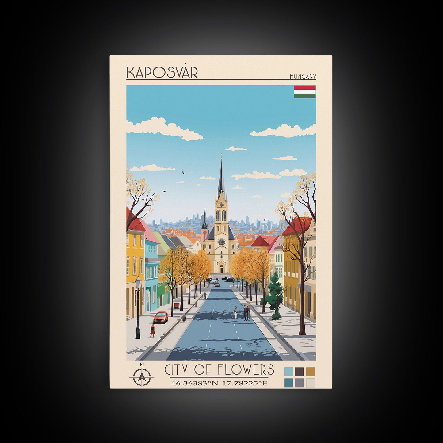 Kaposvár Hungary Travel Poster Framed Canvas Print, Midcentury Modern Art, Pop Art Wall Decor, Scenic Bedroom Art, Office Decoration