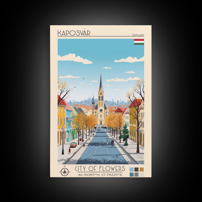 Kaposvár Hungary Travel Poster Framed Canvas Print, Midcentury Modern Art, Pop Art Wall Decor, Scenic Bedroom Art, Office Decoration