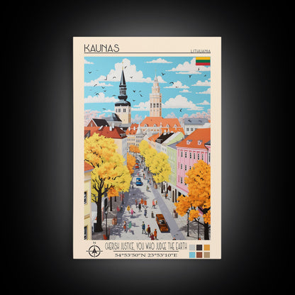 Kaunas Lithuania Travel Poster Framed Canvas Print, Midcentury Modern Art, Pop Art Wall Decor, Scenic Living Room Art, Bedroom Gift