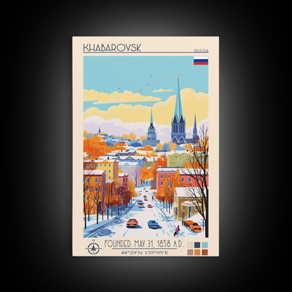 Khabarovsk Russia Travel Poster Framed Canvas Print, Midcentury Modern Art, Pop Art Wall Decor, Home Decor, Vacation Gift, Office Art