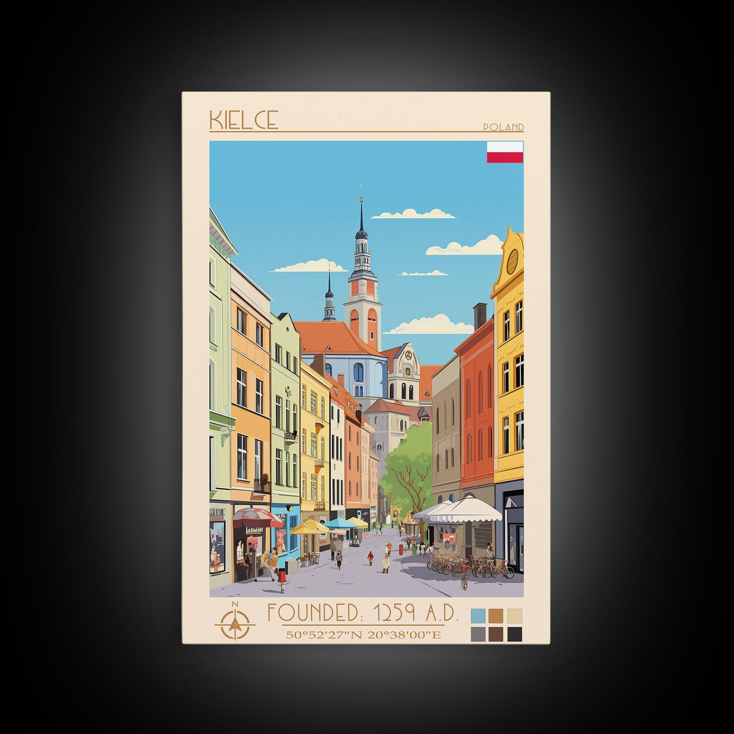 Kielce Poland Travel Poster Framed Canvas Print, Midcentury Modern Art, Pop Art Wall Decor, Scenic Wall Art, Bedroom Decoration