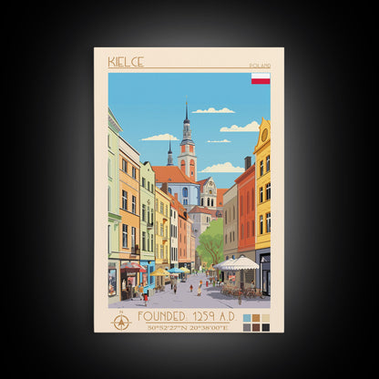 Kielce Poland Travel Poster Framed Canvas Print, Midcentury Modern Art, Pop Art Wall Decor, Scenic Wall Art, Bedroom Decoration