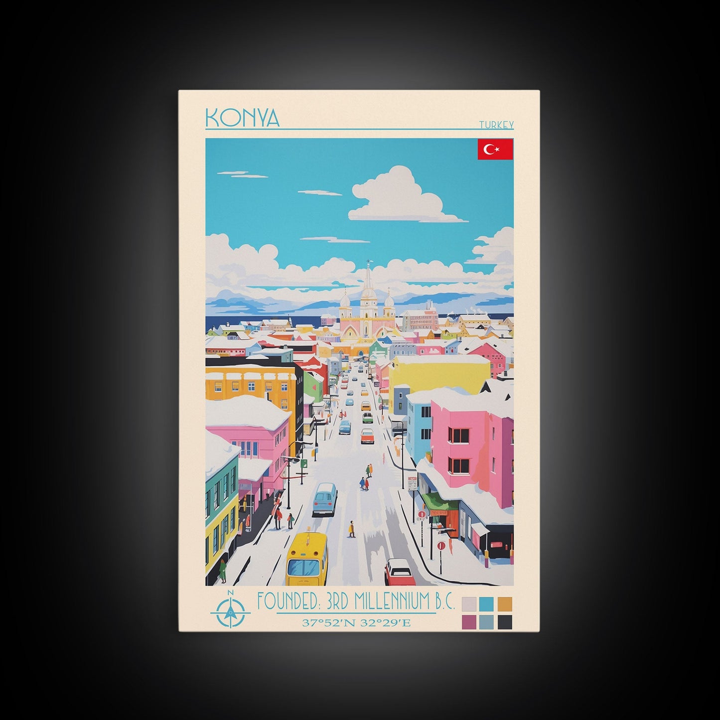 Konya Turkey Travel Poster Framed Canvas Print, Midcentury Modern Art, Pop Art Wall Decor, Scenic Wall Art, Living Room Decoration, Office Art