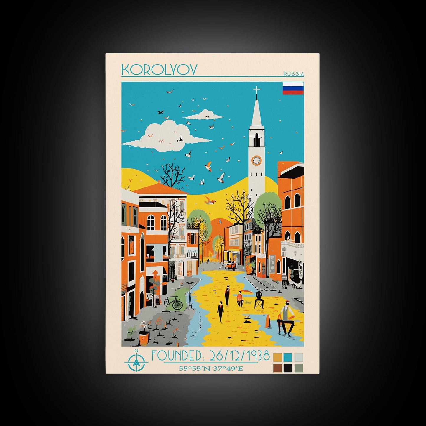 Korolyov Russia Travel Poster Framed Canvas Print, Midcentury Modern Art, Pop Art Wall Decor, Scenic Bedroom Art, Office Decoration