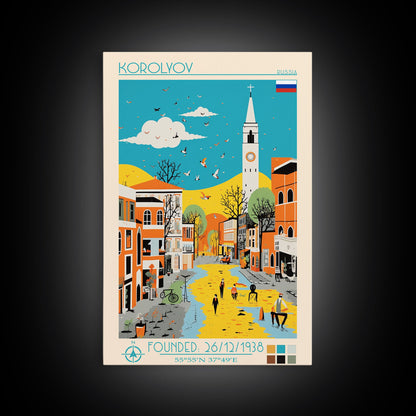 Korolyov Russia Travel Poster Framed Canvas Print, Midcentury Modern Art, Pop Art Wall Decor, Scenic Bedroom Art, Office Decoration