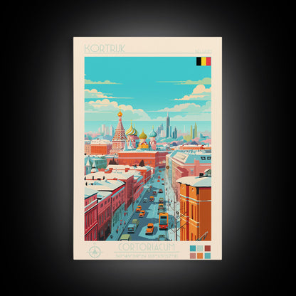Kortrijk Belgium Travel Poster Framed Canvas Print, Midcentury Modern Art, Pop Art Wall Decor, Scenic Living Room Art, Bedroom Decor