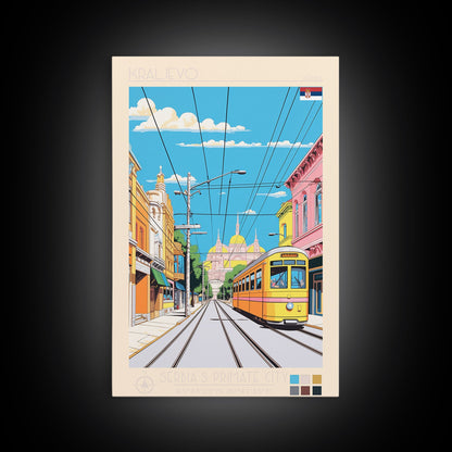 Kraljevo Serbia Travel Poster Framed Canvas Print, Midcentury Modern Art, Pop Art Wall Decor, Scenic Wall Art, Living Room Decoration, Office Gift