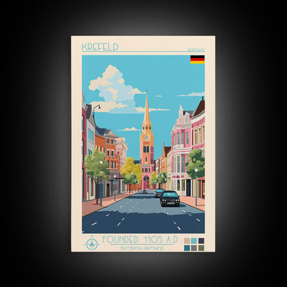 Krefeld Germany Travel Poster Framed Canvas Print, Midcentury Modern Art, Pop Art Wall Decor, Scenic Living Room Art, Bedroom Decor