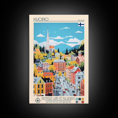 Kuopio Finland Travel Poster Framed Canvas Print, Midcentury Modern Art, Pop Art Wall Decor, Home Decor, Vacation Gift, Bedroom Art