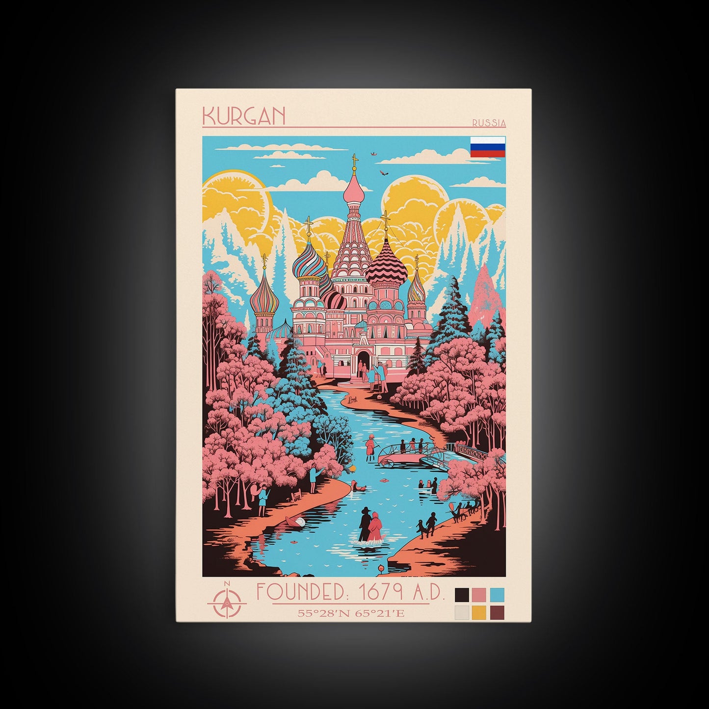 Kurgan Russia Travel Poster Framed Canvas Print, Midcentury Modern Art, Pop Art Wall Decor, Scenic Wall Art, Living Room Decoration, Office Gift