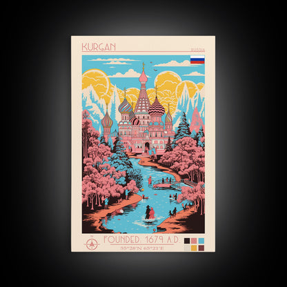 Kurgan Russia Travel Poster Framed Canvas Print, Midcentury Modern Art, Pop Art Wall Decor, Scenic Wall Art, Living Room Decoration, Office Gift